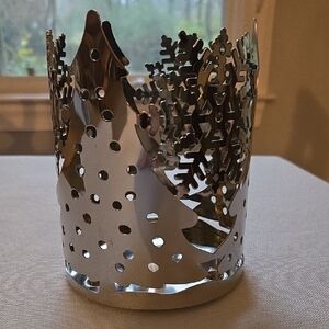 Retired Polished Silver Metal Trees & Snowflakes Candle Holder